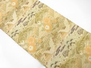 アンティーク　地紙に屋敷風景・草花模様織出し丸帯（材料）